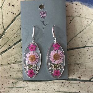 Pink Floral Oval Drop Earrings